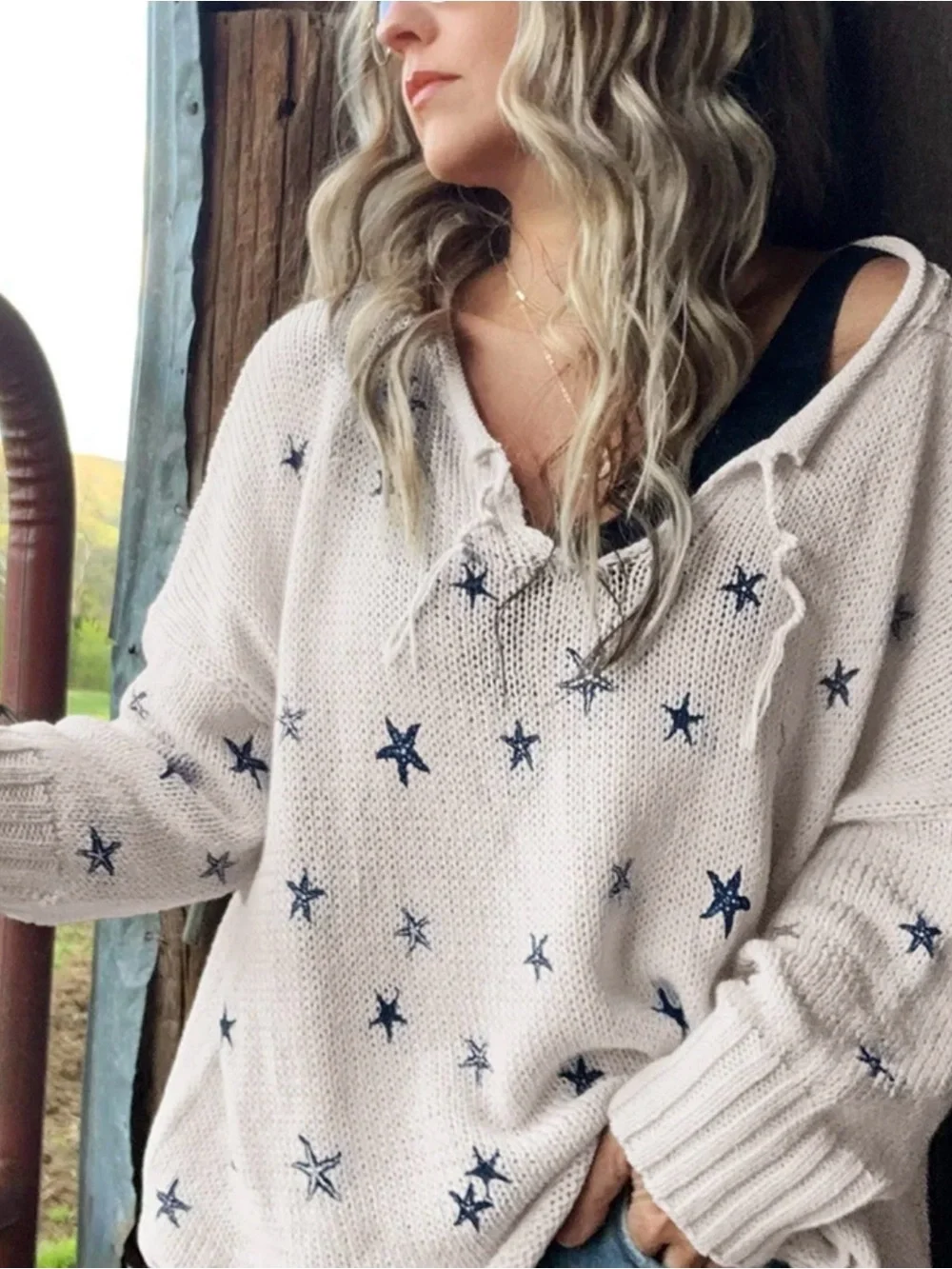 Wooden Ships Mini Starfish Knit V-Neck Sweater Cream Blue Size S/M - Picture 1 of 11